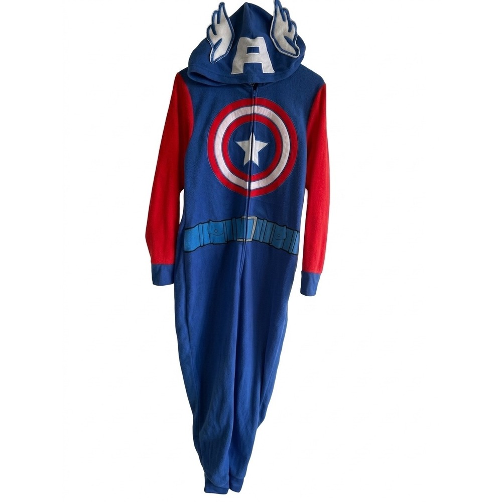 Marvel Captain America Hooded cosplay Halloween Fleece Union Suit Pajamas XL